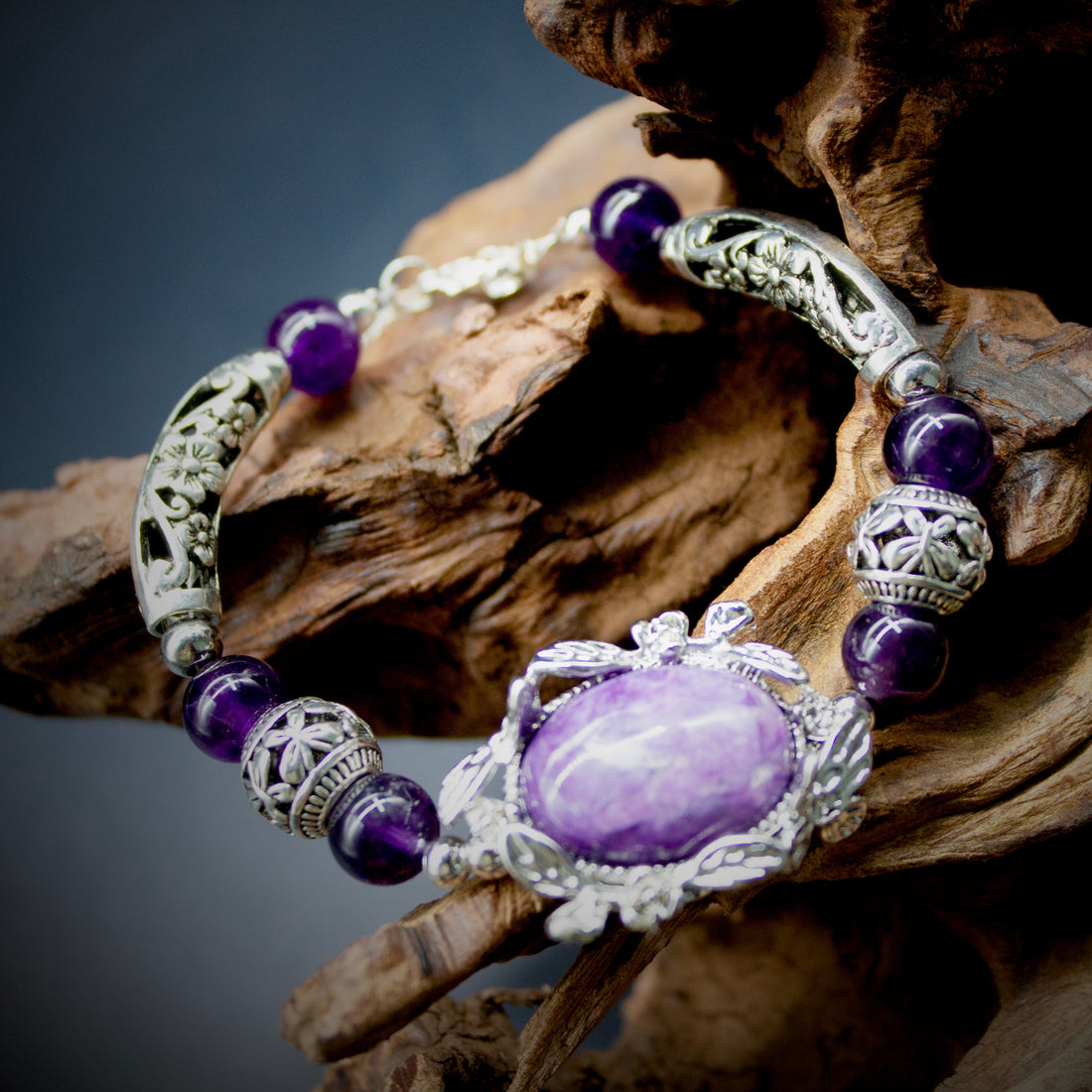 Mystic Amethyst & Charoite Silver Bracelet