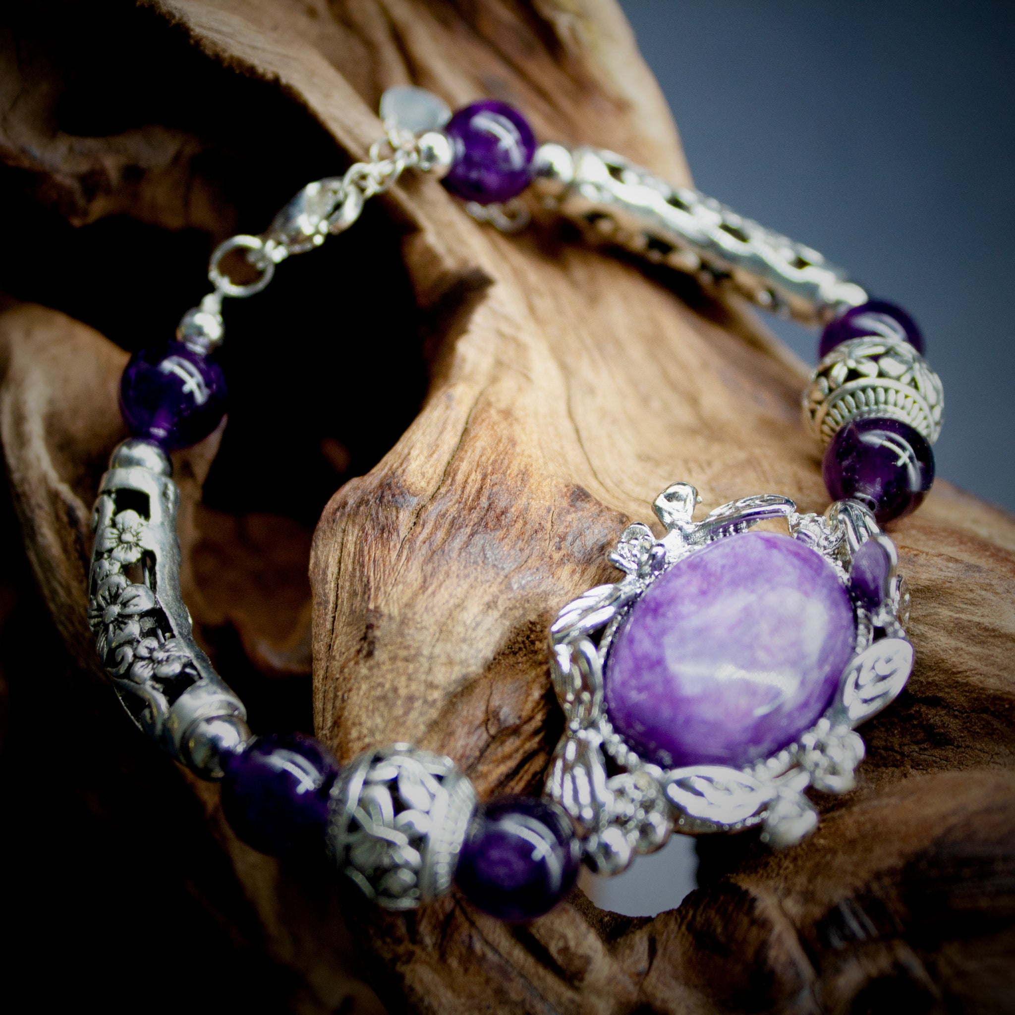 Mystic Amethyst & Charoite Silver Bracelet