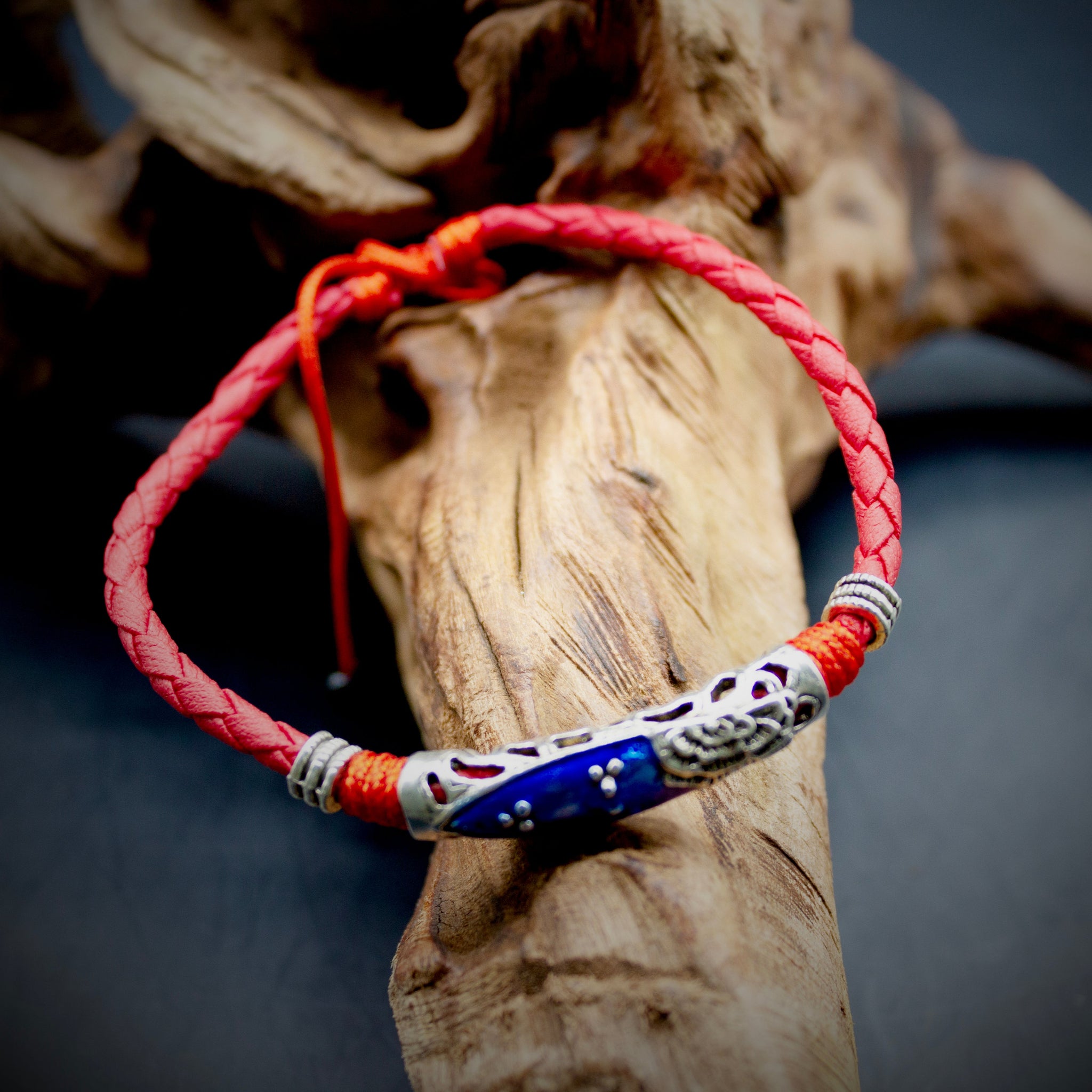 Braided Leather Ankle Bracelet with Silver and Red Accents