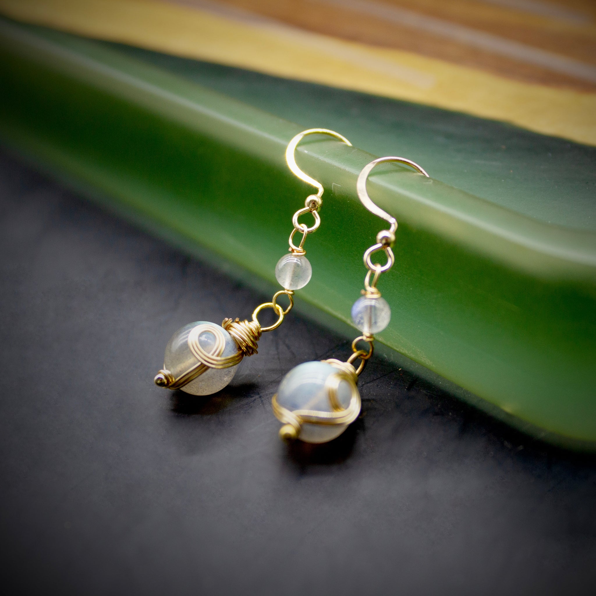 14k Gold-Filled Wire-Wrapped Natural Labradorite Moonstone Earrings