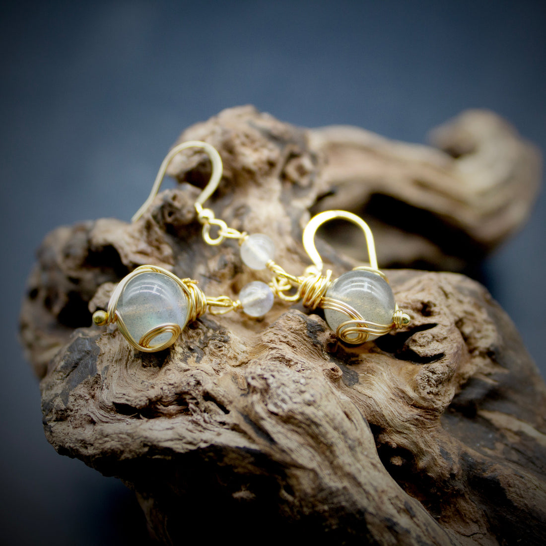 14k Gold-Filled Wire-Wrapped Natural Labradorite Moonstone Earrings