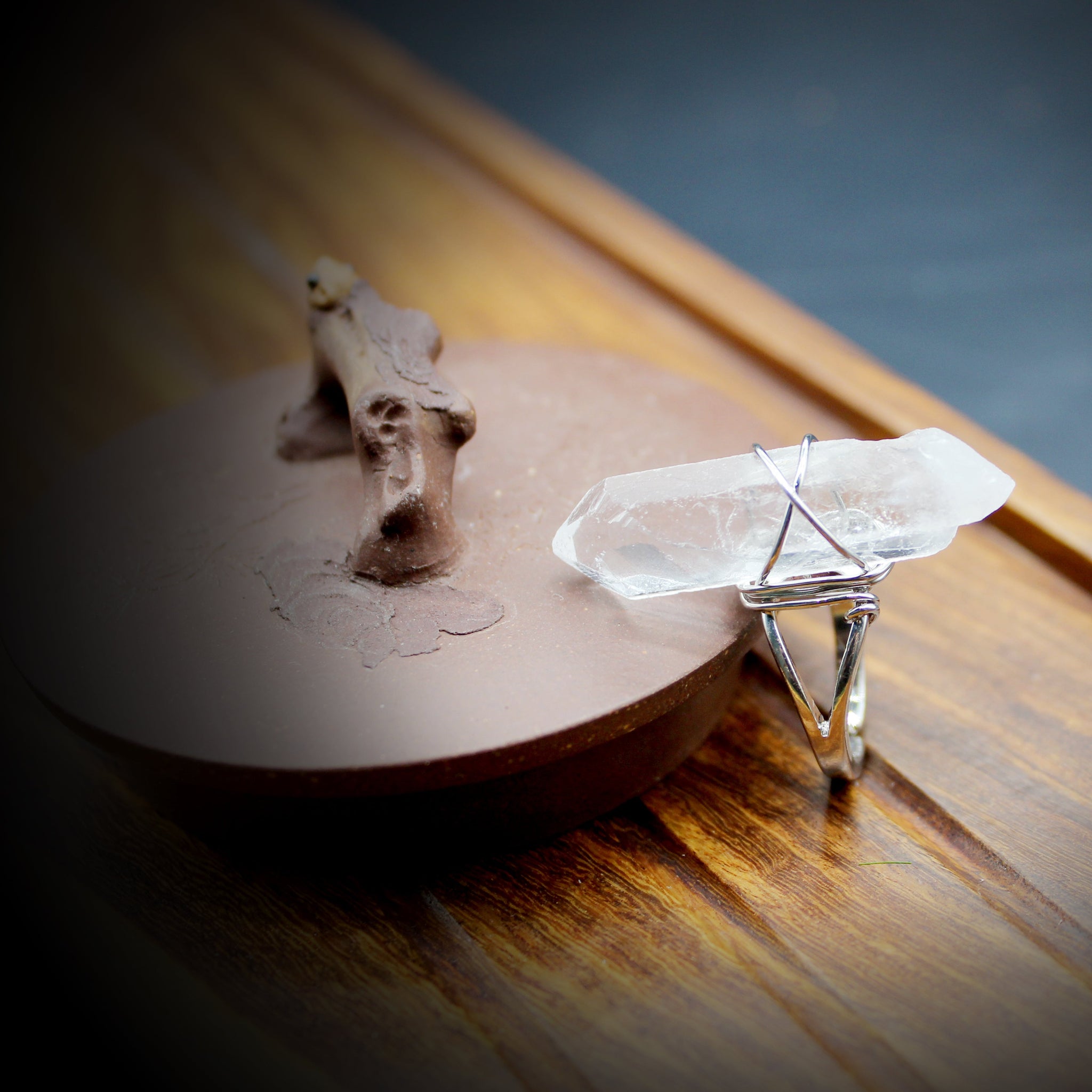 Natural white crystal raw stone with adjustable opening ring